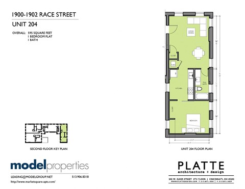 Floor plan for 1 bed, 1 bath, 595 sqft